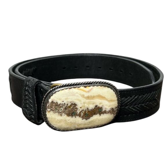 Agate Stone Buckle Black Leather Western Belt Braided - Picture 1 of 4